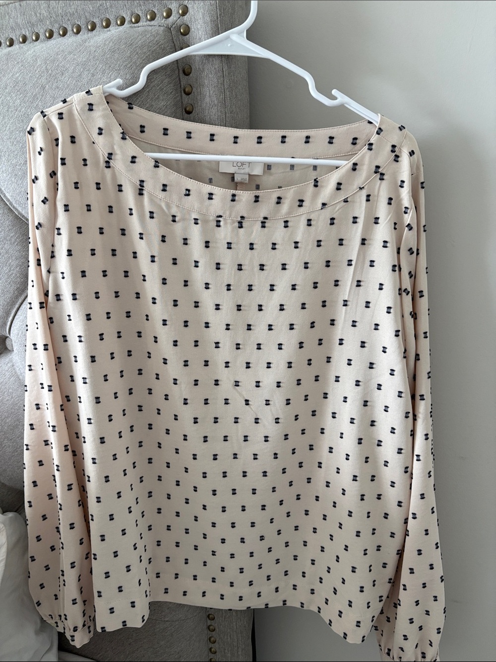 LOFT Cream Long-Sleeve Blouse with navy Square Dot Print